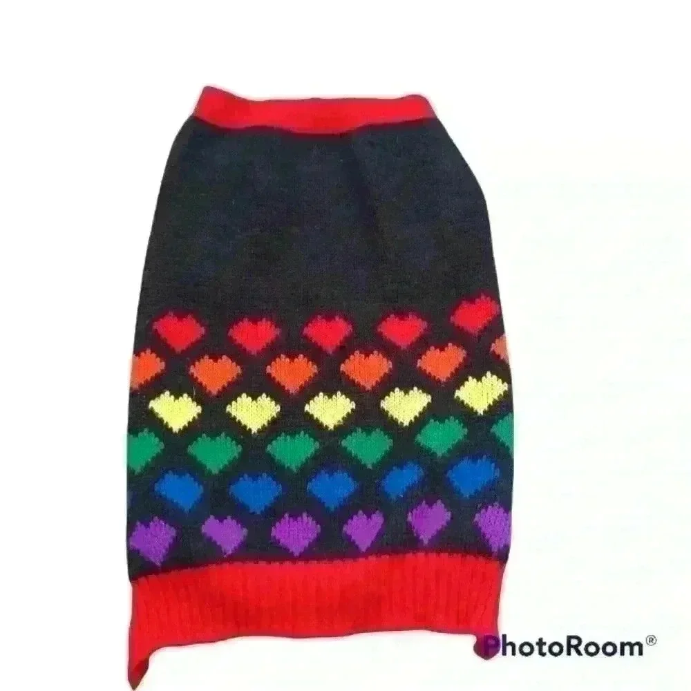 Cozy Knit Rainbow Heart Print Dog Sweater L